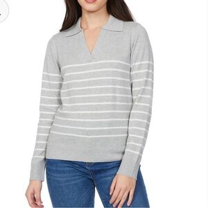LOFT Light grey and White Striped V-Neck Sweater